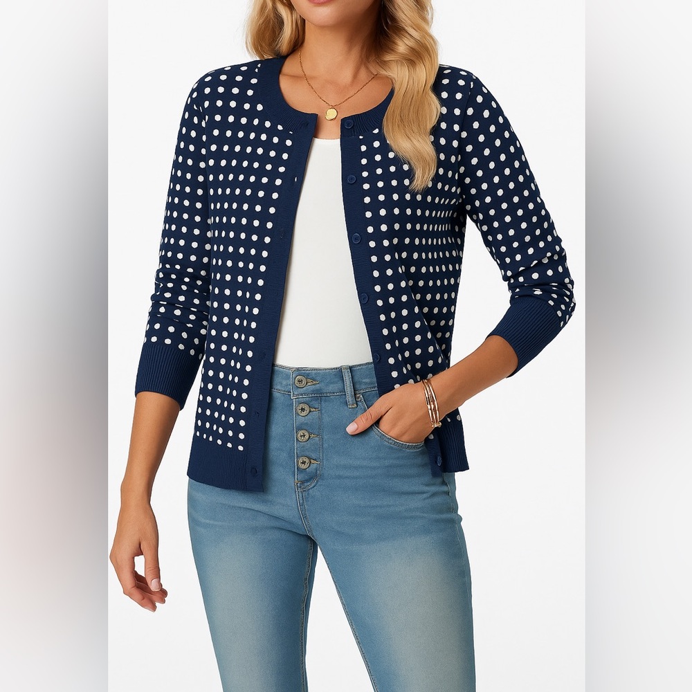 Tommy Hilfiger Navy Polka Dot Print Knit Cardigan Sweater – Button Up